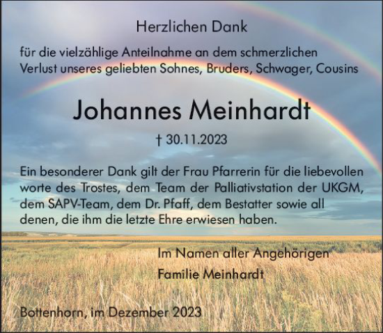 Traueranzeige von Johannes Meinhardt von Hinterländer Anzeiger