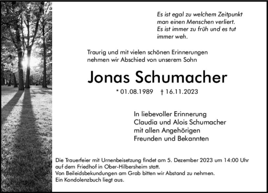 Traueranzeige von Jonas Schumacher von Allgemeine Zeitung Bingen/Ingelheim