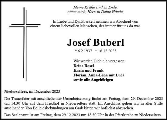 Traueranzeige von Josef Buberl von Camberger Anzeiger