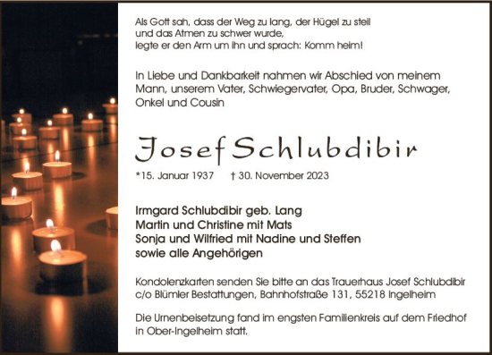 Traueranzeige von Josef Schlubdier von Allgemeine Zeitung Bingen/Ingelheim