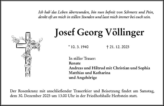 Traueranzeige von Josef Georg Völlinger von VRM Trauer