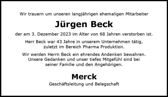 Traueranzeige von Jürgen Beck von Darmstädter Echo
