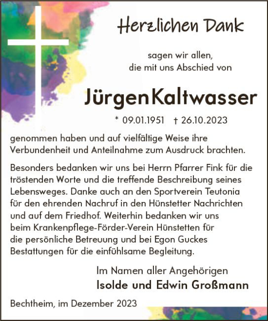 Traueranzeige von Jürgen Kaltwasser von Idsteiner Land/Untertaunus