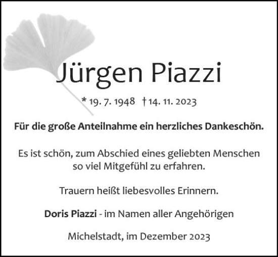 Traueranzeige von Jürgen Piazzi von Odenwälder Echo