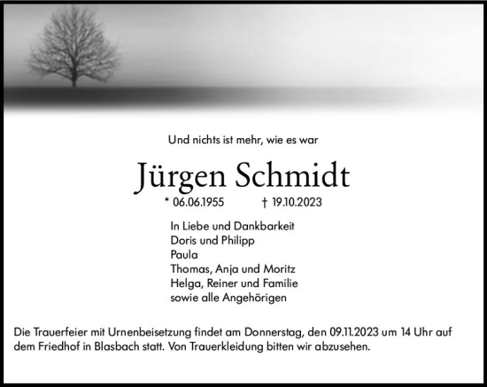 Traueranzeige von Jürgen Schmidt von Wetzlarer Neue Zeitung