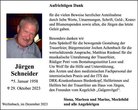 Traueranzeige von Jürgen Schneider von Hinterländer Anzeiger
