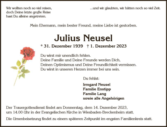 Traueranzeige von Julius Neusel von Wiesbadener Kurier
