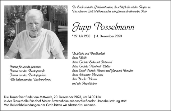 Traueranzeige von Jupp Posselmann von Allgemeine Zeitung Mainz Traueranzeige von Jupp Posselmann von Allgemeine Zeitung Mainz
