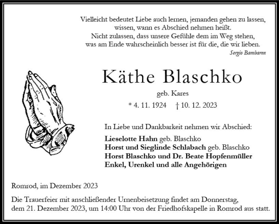 Traueranzeige von Käthe Blaschko von Oberhessen Kurier