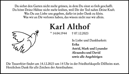 Traueranzeige von Karl Althof von Wetzlarer Neue Zeitung