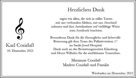 Traueranzeige von Karl Coridaß von Wiesbadener Kurier