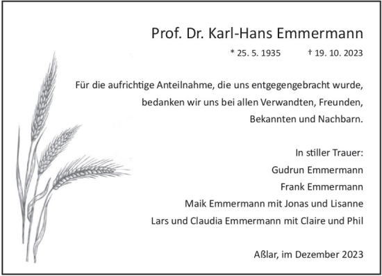 Traueranzeige von Karl-Hans Ernmermann von Wetzlarer Neue Zeitung