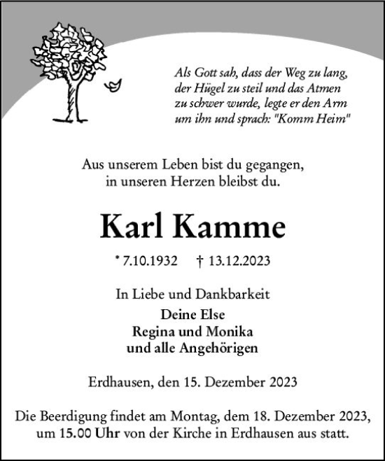 Traueranzeige von Karl Kamme von Hinterländer Anzeiger