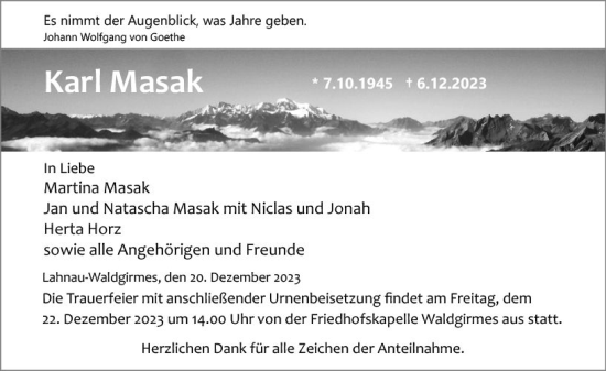 Traueranzeige von Karl Masak von Wetzlarer Neue Zeitung