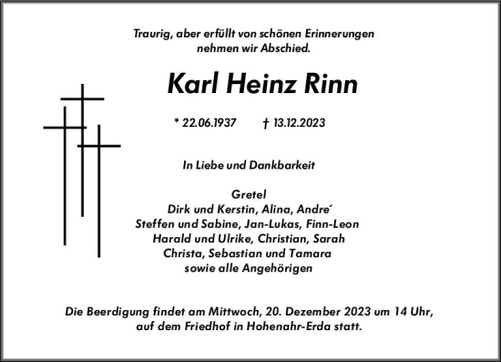 Traueranzeige von Karl Heinz Rinn von Wetzlarer Neue Zeitung