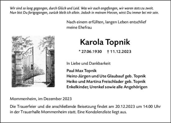 Traueranzeige von Karola Topnik von Allgemeine Zeitung Mainz