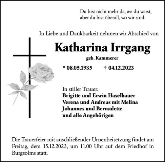 Traueranzeige von Katharina Irrgang von Wetzlarer Neue Zeitung