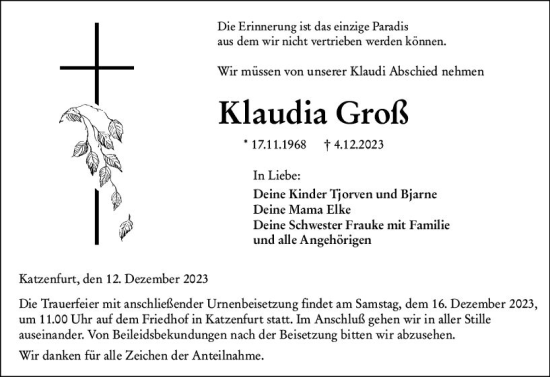 Traueranzeige von Klaudia Groß von Wetzlarer Neue Zeitung