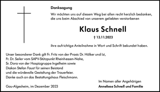 Traueranzeige von Klaus Schnell von Allgemeine Zeitung Bingen/Ingelheim