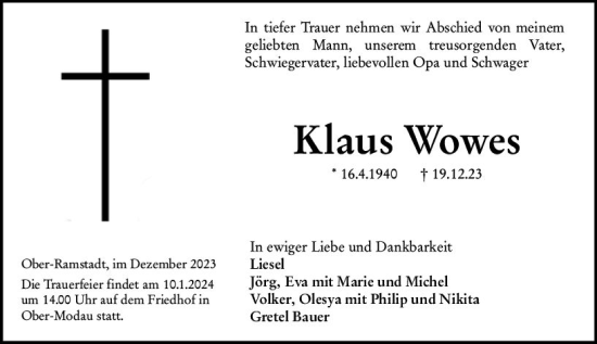Traueranzeige von Klaus Wowes von Darmstädter Echo