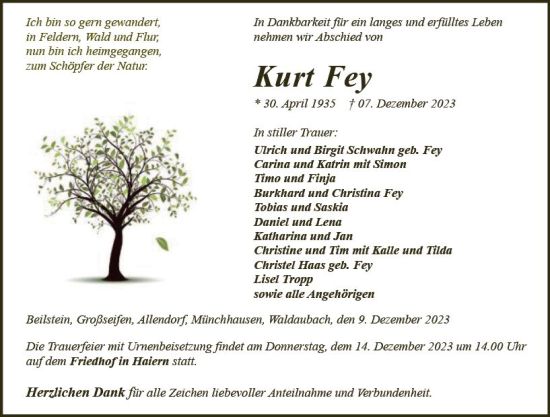 Traueranzeige von Kurt Fey von Dill Block
