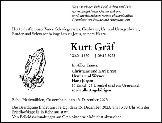Traueranzeige von Kurt Gräf von Dill Block
