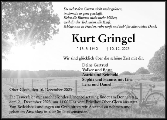 Traueranzeige von Kurt Gringel von VRM Trauer
