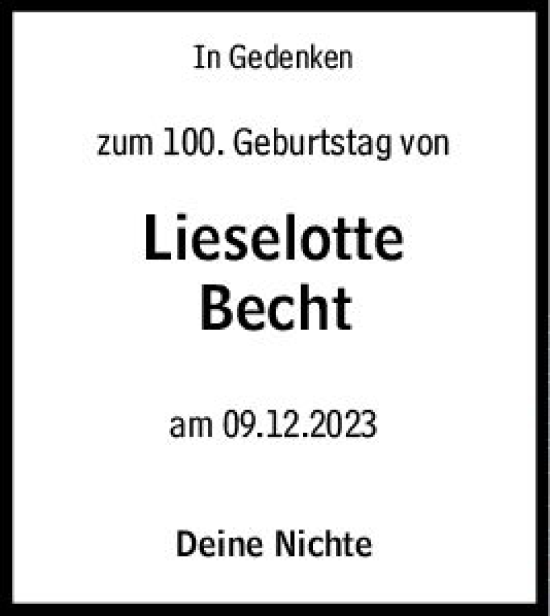 Traueranzeige von Lieselotte Becht von Wiesbadener Kurier