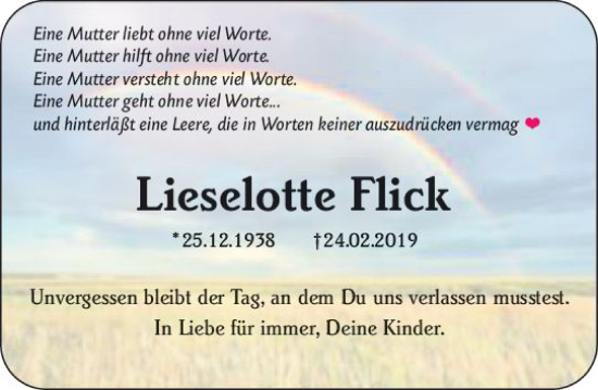 Traueranzeige von Lieselotte Flick von Allgemeine Zeitung Bad Kreuznach