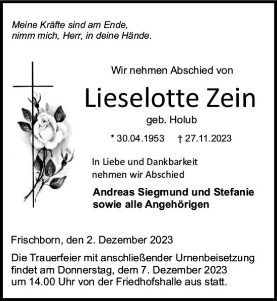 Traueranzeige von Lieselotte Zein von VRM Trauer
