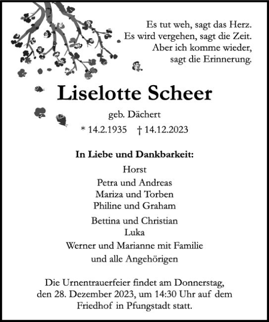 Traueranzeige von Liselotte Scheer von Darmstädter Echo
