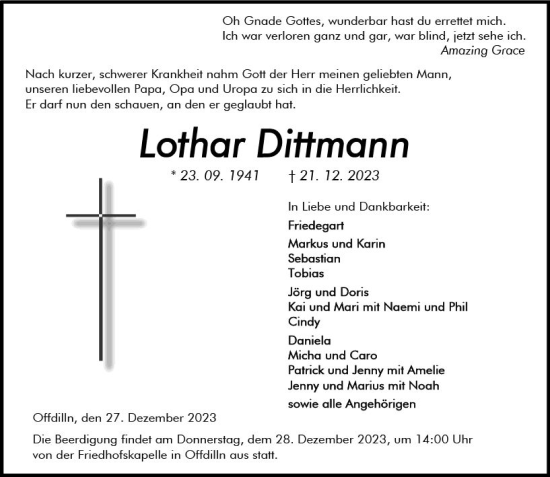 Traueranzeige von Lothar Dittmann von Dill Block