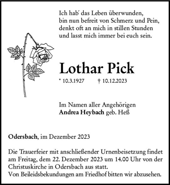 Traueranzeige von Lothar Pick von Weilburger Tageblatt
