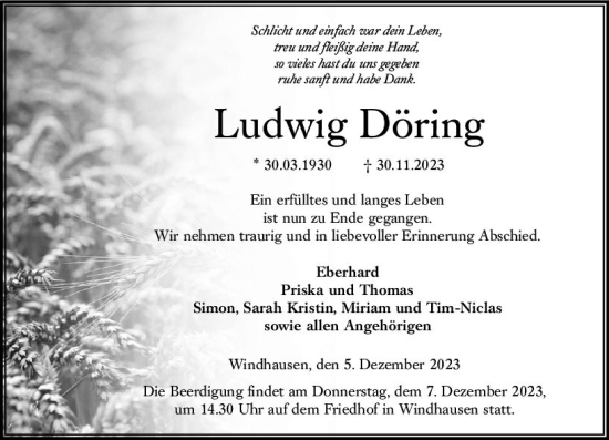 Traueranzeige von Ludwig Döring von VRM Trauer