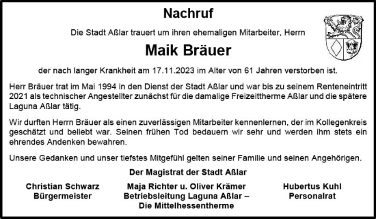Traueranzeige von Maik Bräuer von Wetzlarer Neue Zeitung