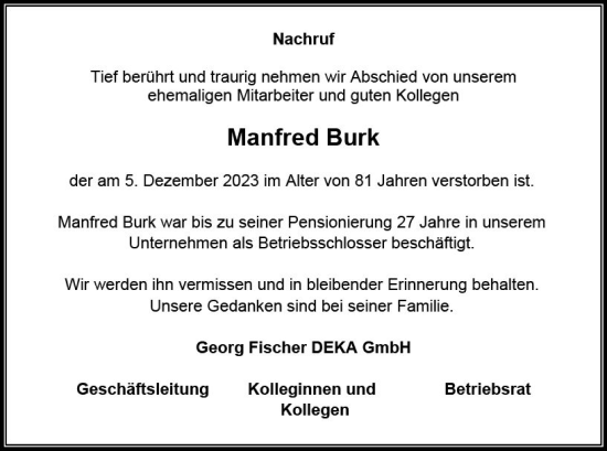 Traueranzeige von Manfred Burk von Hinterländer Anzeiger