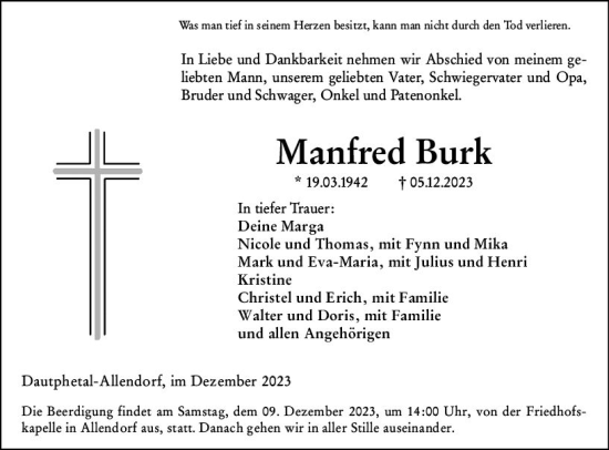 Traueranzeige von Manfred Burk von Hinterländer Anzeiger