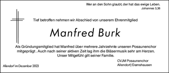 Traueranzeige von Manfred Burk von Hinterländer Anzeiger
