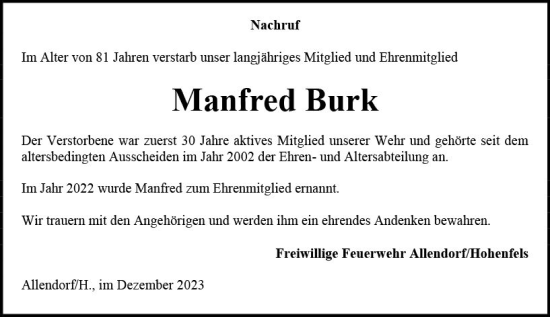 Traueranzeige von Manfred Burk von Hinterländer Anzeiger