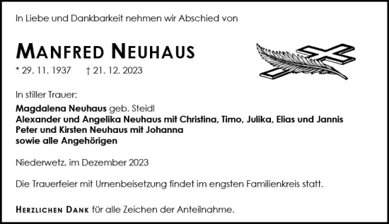 Traueranzeige von Manfred Neuhaus von Wetzlarer Neue Zeitung