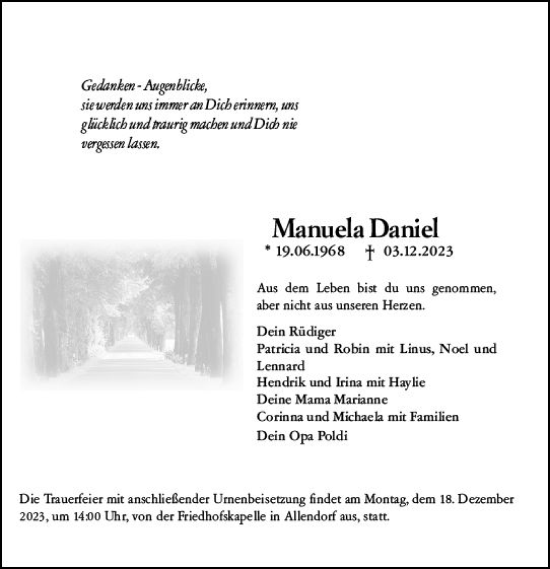 Traueranzeige von Manuela Daniel von Hinterländer Anzeiger