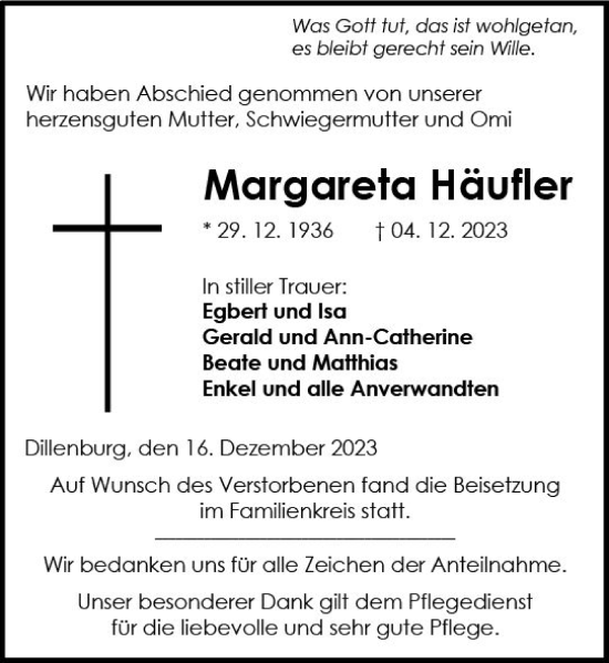 Traueranzeige von Margareta Häufler von Dill Block