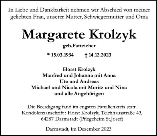 Traueranzeige von Margarete Krolzyk von Darmstädter Echo