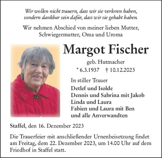 Traueranzeige von Margot Fischer von Nassauische Neue Presse