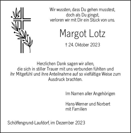 Traueranzeige von Margot Lotz von Wetzlarer Neue Zeitung