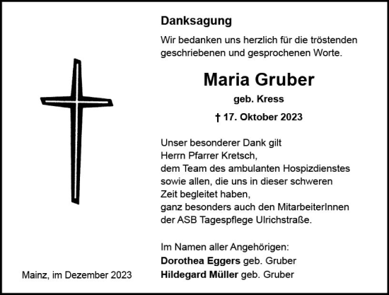 Traueranzeige von Maria Gruber von Allgemeine Zeitung Mainz