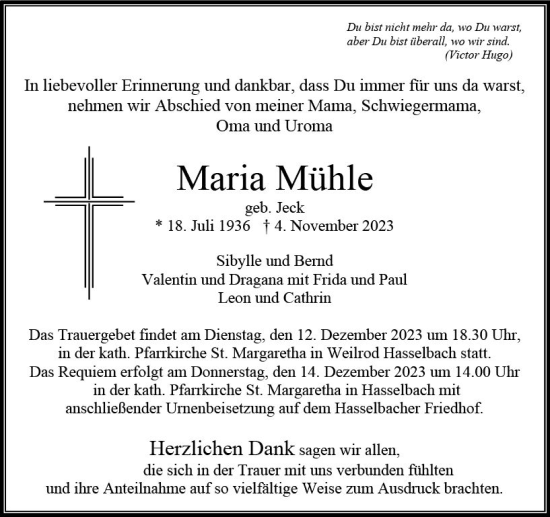 Traueranzeige von Maria Mühle von Camberger Anzeiger