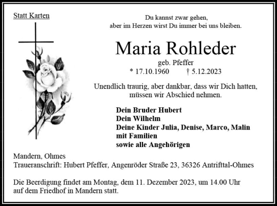 Traueranzeige von Maria Rohleder von VRM Trauer