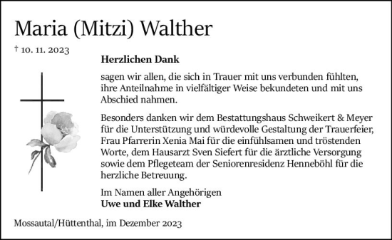 Traueranzeige von Maria  Walther von Odenwälder Echo