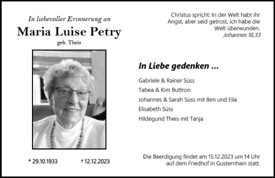 Traueranzeige von Maria Luise Petry von Dill Block